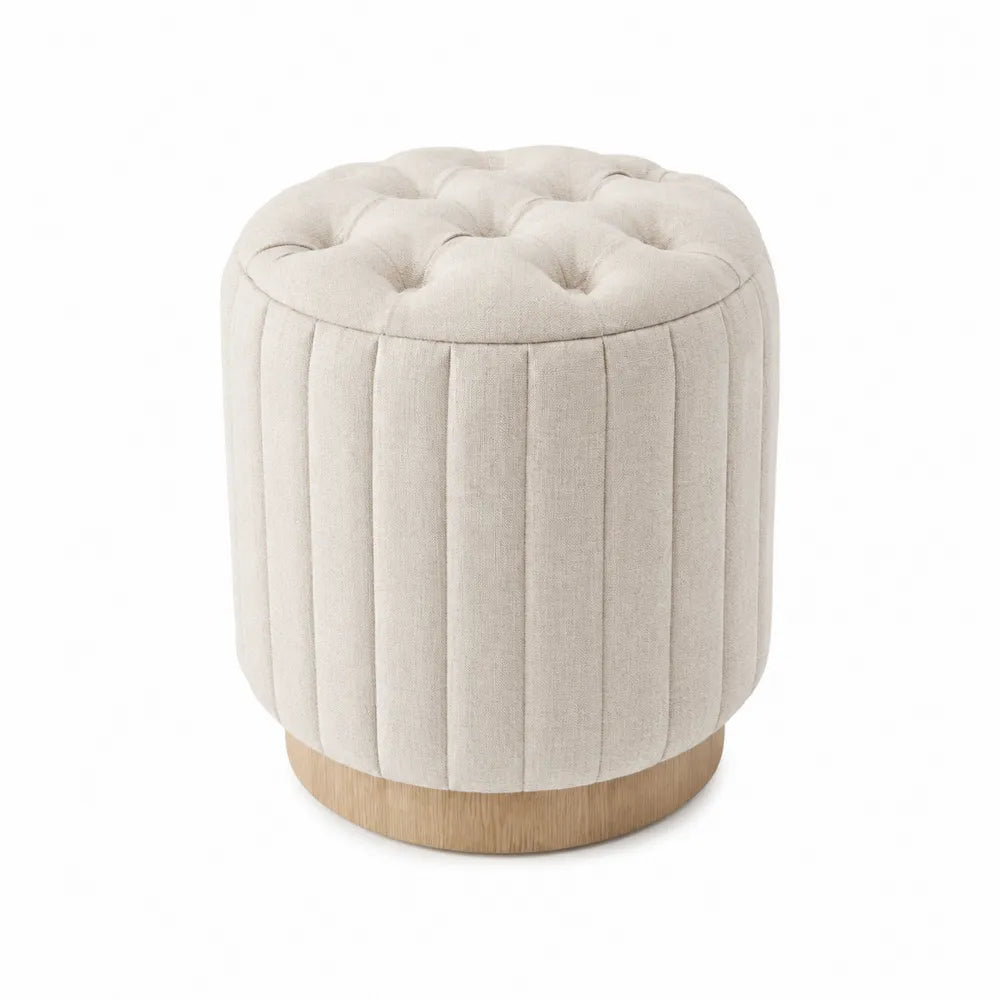 Puff redondo de tela beige con base de madera, 35 cm de diámetro