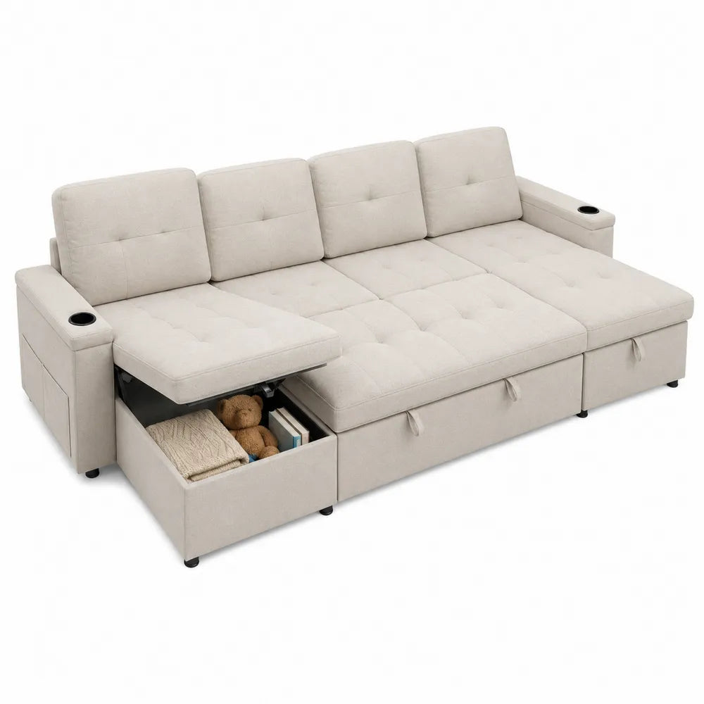 Sofá cama de poliéster beige con almacenamiento 230cm