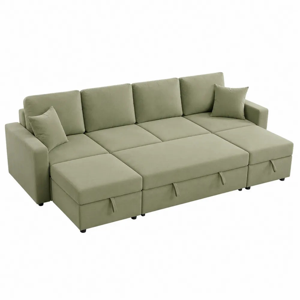 Sofá cama modular de tela verde con almacenamiento y cojines
