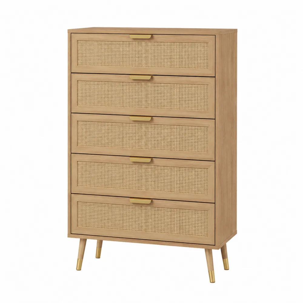Cajonera de Madera y Ratán Natural con Detalles Dorados