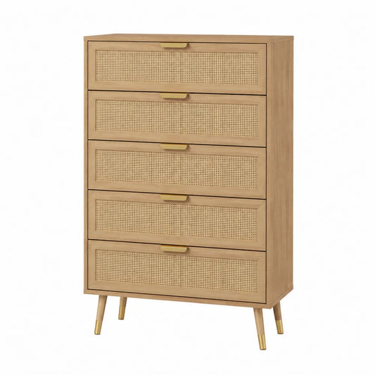 Cajonera de Madera y Ratán Natural con Detalles Dorados