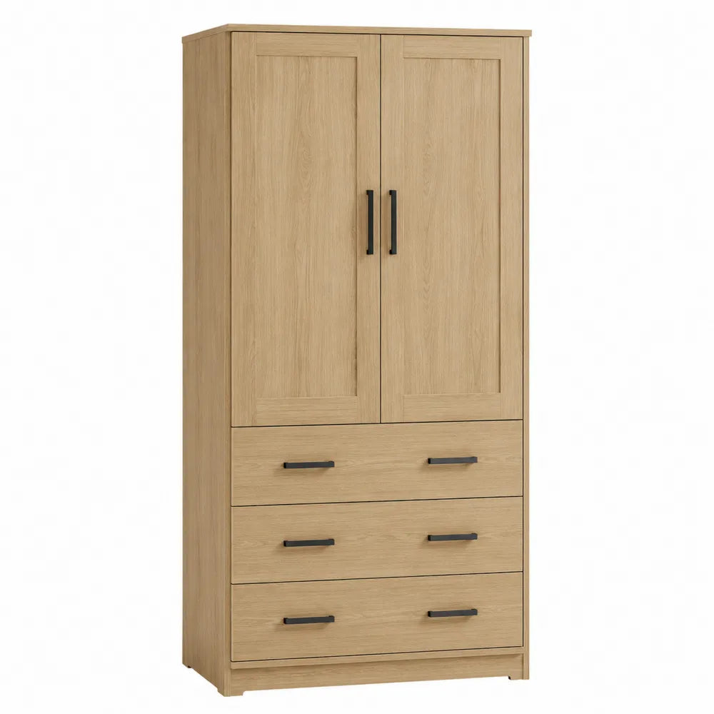 Armario de madera con 2 puertas y 3 cajones, roble claro, 180 cm x 80 cm x 50 cm