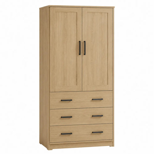 Armario de madera con 2 puertas y 3 cajones, roble claro, 180 cm x 80 cm x 50 cm