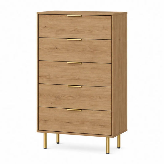 Cómoda alta de madera con 5 cajones color roble 120cm