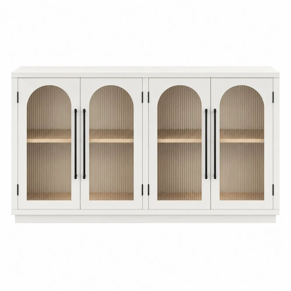 Aparador de MDF blanco con puertas de vidrio templado y estantes de pino 180x85x40 cm