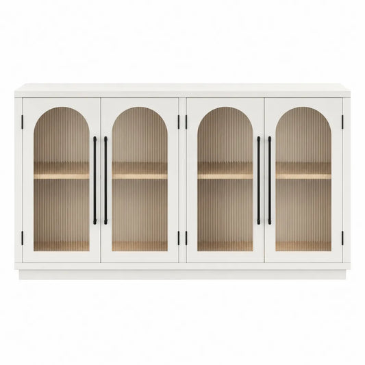 Aparador de MDF blanco con puertas de vidrio templado y estantes de pino 180x85x40 cm