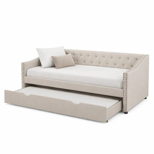 Sofá Cama Beige con Cajón Extraíble y Tapicería de Tela