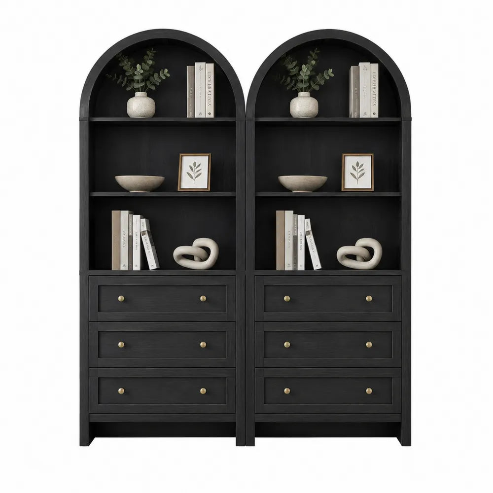 Conjunto de estanterías de madera negra con arcos y cajones