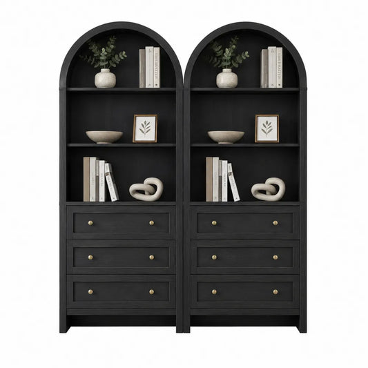 Conjunto de estanterías de madera negra con arcos y cajones