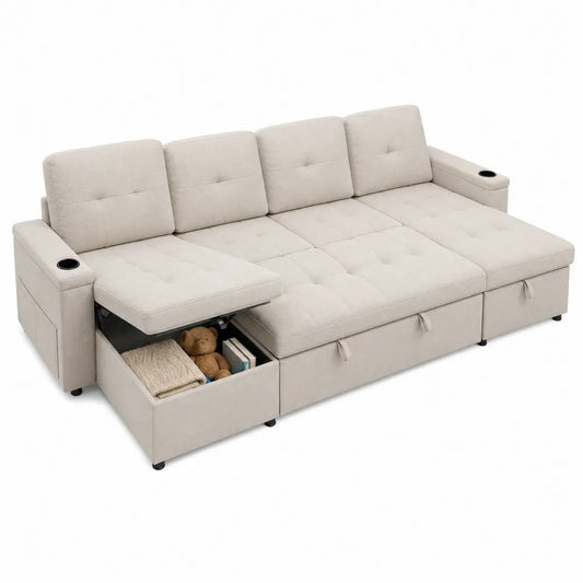 Sofá cama de poliéster beige con almacenamiento 230cm