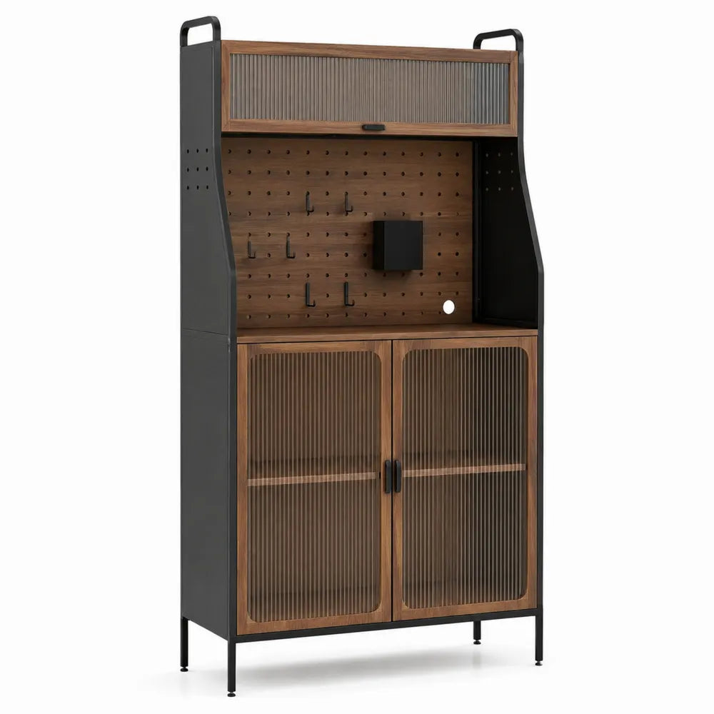 Aparador de madera contrachapada y metal con puertas de vidrio templado acanalado 180x90x40 cm