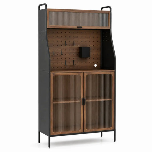 Aparador de madera contrachapada y metal con puertas de vidrio templado acanalado 180x90x40 cm