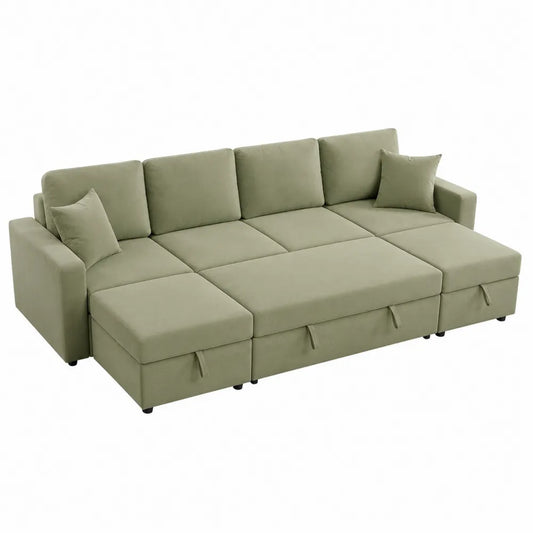 Sofá cama modular de tela verde con almacenamiento y cojines